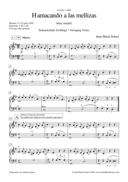 Hamacando a las mellizas piano solo by Juan María Solare Sheet Music