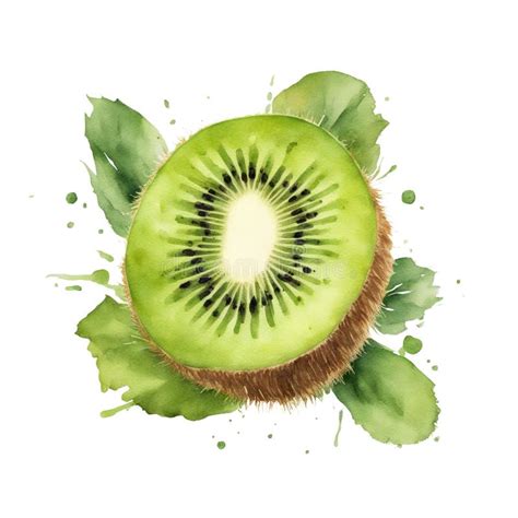 Watercolor Drawing A Kiwi Fruit With Leaves And Flowers Stock