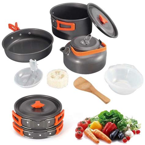 Pcs Portable Camping Cooking Cookware Set Anodised Aluminium Pots