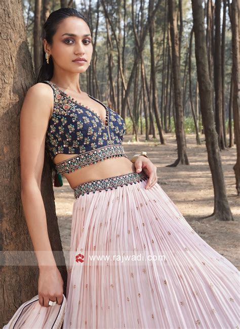 Light Pink And Navy Blue Embroidered Lehenga Choli