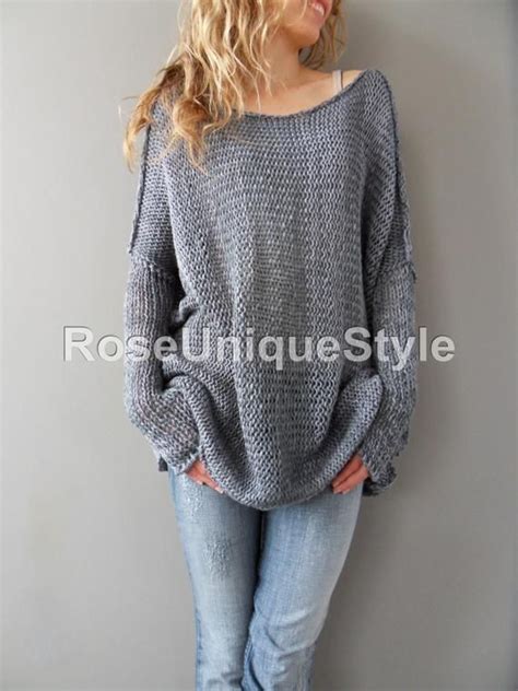 Oversized Bulky Slouchy Woman Knit Sweater Cotton Blend Loose Knit