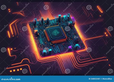 Computer Microchip Semiconductor On Motherboard Futuristic Cyber Neon