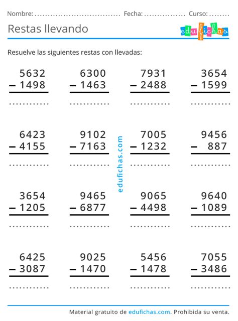 Restas Con Llevadas Hoja De Restas Para Imprimir En Pdf