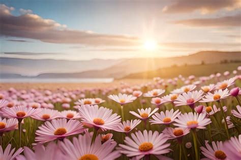 Premium Ai Image Pink Flowers In A Field Of Daisies At Sunset