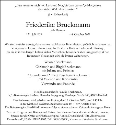 Alle Traueranzeigen F R Friederike Bruckmann Trauer Rp Online De