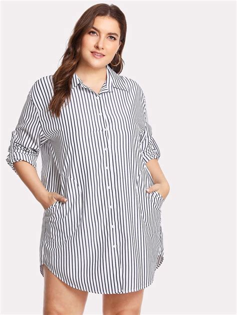 Vertical Striped Curved Hem Shirt Dress Shein Sheinside Vertical