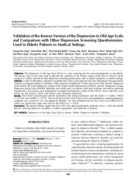 Pdf Validation Of The Korean Version Of The Depression In Old Age