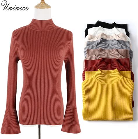 Nueva Knit Sweater Pullover Mujeres Cuello Alto Algodón Delgado Señoras Suéteres Tops Llamarada