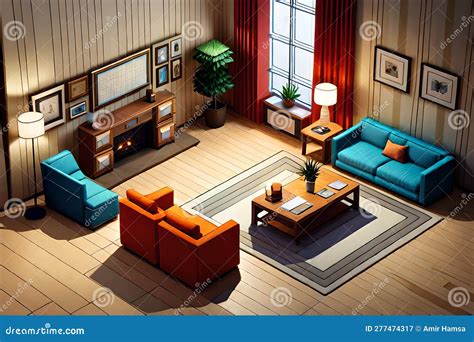 Detailed Isometric Living Room Pixel Art Stock Illustration