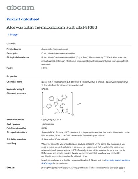 Atorvastatin Hemicalcium Salt Ab Product Datasheet Image Overview