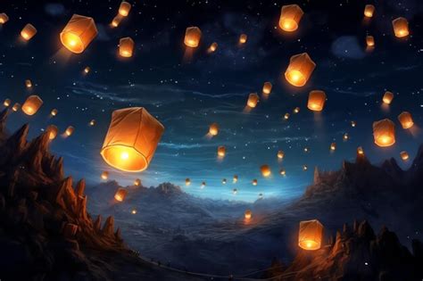 Premium AI Image | Flying lanterns in the night sky during the diwali ...