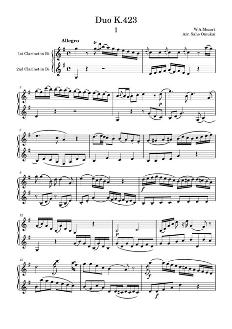 Mozart Sonata K423 For Two Clarinets Arr Saho Omukai Sheet Music