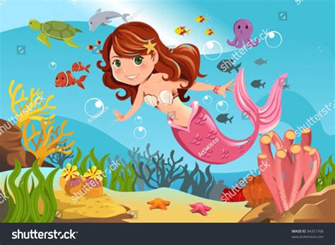 A Vector Illustration Of A Mermaid Swimming Underwater In The Ocean