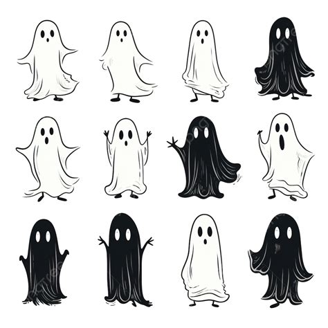 Ghosts Collection Halloween Character Vector Hand Drawn Line Art Sketch Illustration Ghost