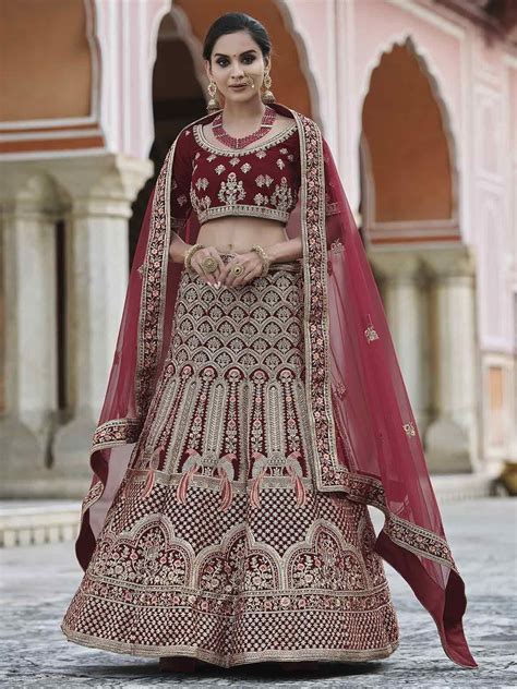 Maroon Colour Bridal Lehenga Choli In Velvet Fabric