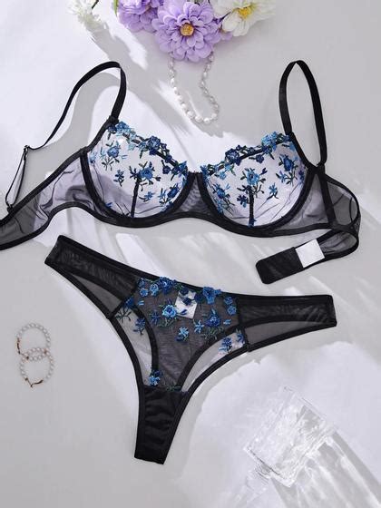 Conjunto De Lingerie Semi transparente Sexy Bordado Floral Sutiã E Calcinha Para Dormir