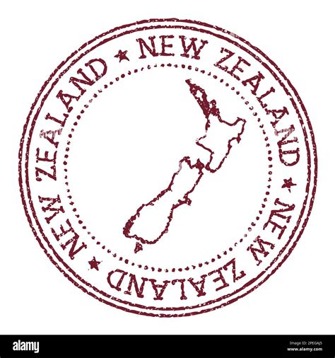 New Zealand Round Rubber Stamp With Country Map Vintage Red Passport