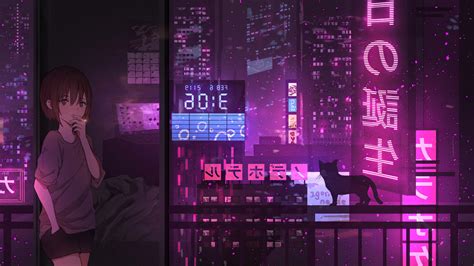 3840x2160 Neon Night Anime Girl Cat 4k Hd 4k Wallpapers Images Backgrounds Photos And Pictures