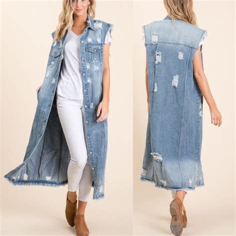 Jackets And Coats Vintage Destroyed Distressed Long Maxi Denim Vest