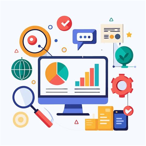 Desktop Computer Displaying Data Graphs With Icons Representing Success Growth And Analysis