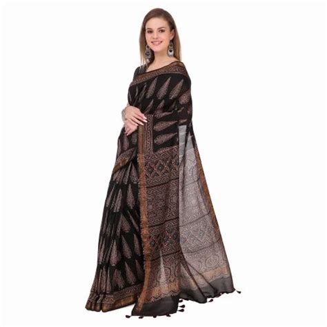 Festive Wear Printed Ajrakh Black Maheshwari Silk Saree 6 3 M With