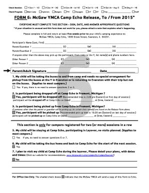 Fillable Online Mcgawymca 2 3 Check Program FORM 6 McGaw YMCA Camp Echo