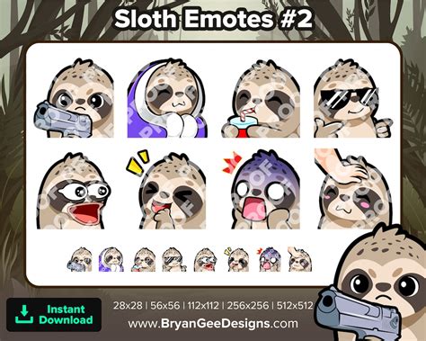 Sloth Twitch Emotes Gun Cozy Sip Cool Pog Lul Scared Head Pat Etsy