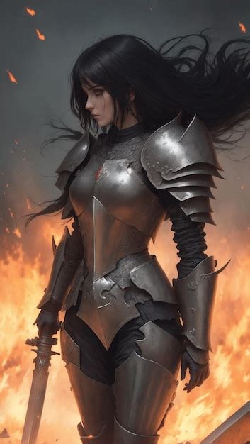 Premium AI Image | Beautiful lady in metal armor standing holding a holy sword