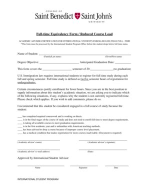 Fillable Online Csbsju Full Time Equivalency Form Reduced Course Load