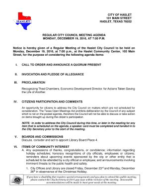 Fillable Online Haslet 12152014 CC Agenda City Of Haslet Haslet Fax