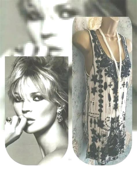 Kate Moss Topshop 2010 20s Gatsby Flapper Lace Beaded Black Ivory Vtg