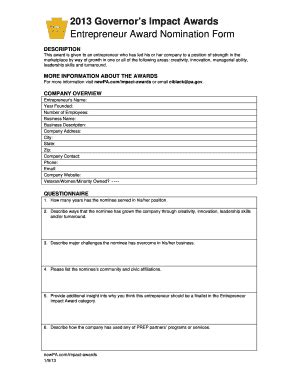 Fillable Online Entrepreneur Award Nomination Form Fax Email Print