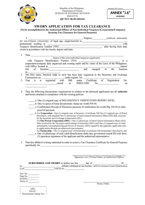 Sworn Application For Tax Clearance For General Purposes Non