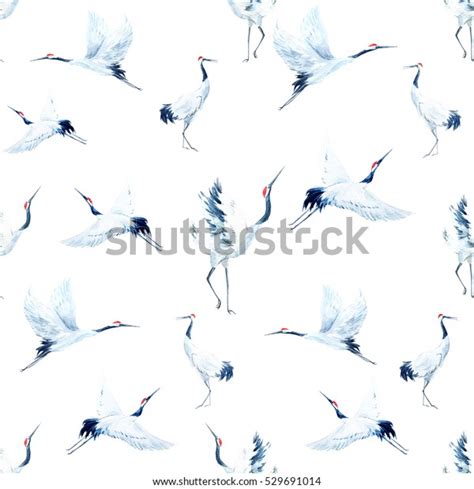 Watercolor Pattern Red Heads Crane White Stock Illustration