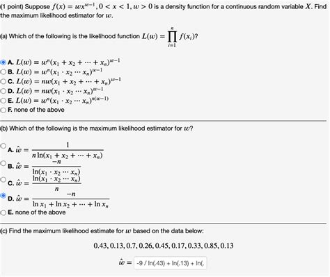 Solved 1 Point Suppose F X Wxw−1 00 Is A Density Function