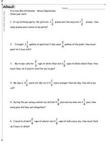 Fraction Word Problems-Mixed Operations Worksheet for 3rd - 4th Grade | Lesson Planet