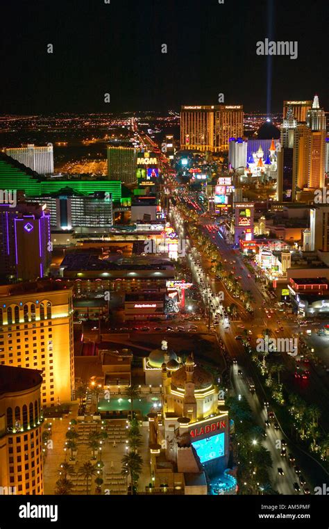 Aerial view at night from Eiffel Tower of Las Vegas Strip and neon lights Las Vegas NV Stock ...