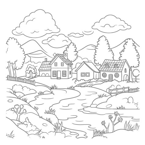 Dibujo De Página Para Colorear Con Un Lugar Rural árboles Esbozar Vector Png Dibujos Dibujo De