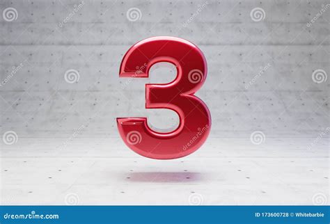 Red Number 3 Metallic Red Color Digit Isolated On Concrete Background