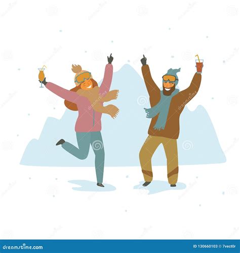 Man and Woman Skiers at Apres Ski Party Dancing Celebrating Cartoon