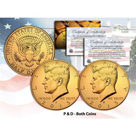 24k Gold Plated 2015 Jfk Kennedy Half Dollar Us 2 Coin Set Pandd Mint With Capsules