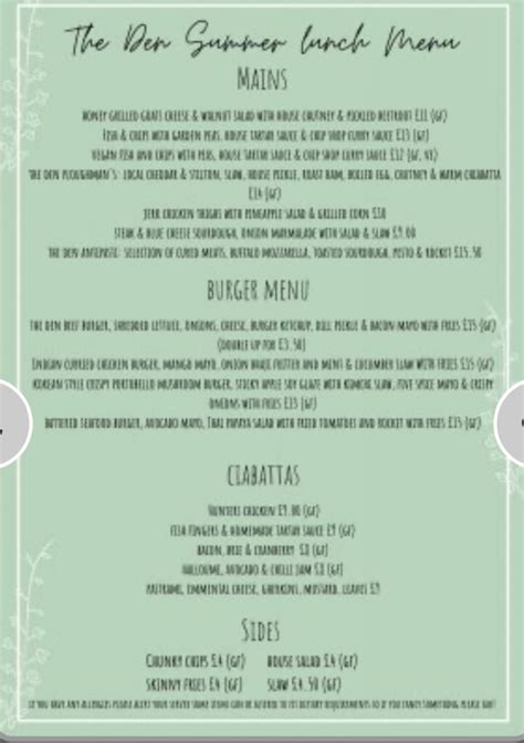 The Den Restaurant Herefords Full Menu Online