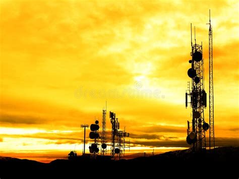 Radio Towers Broadcasting Tv Internet And Communications With Sunrise