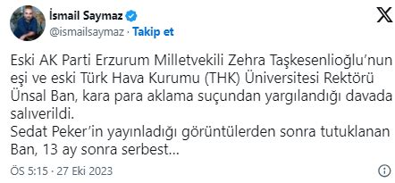 Eski AKP li vekil Zehra Taşkesenlioğlu nun eşi Ünsal Ban serbest