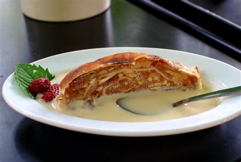 Apple Strudel with Vanilla Sauce Stock Photo - Image of food, dish ...