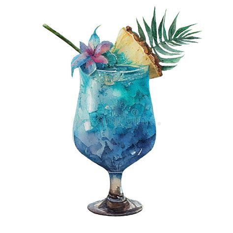 Alcoholic Cocktail Blue Hawaii With Pineapple Decorated With Herbs In Watercolor Technique