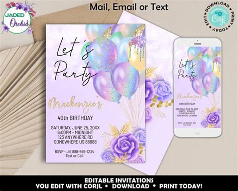 Purple And Gold Birthday Invitation Printable Purple Birthday Etsy