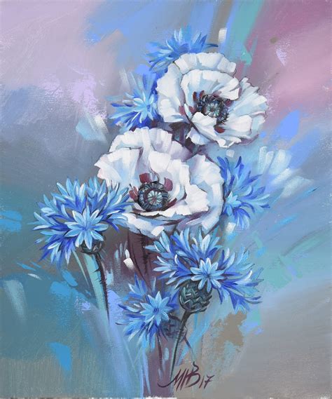 Blue Flower Art Oil Flower Painting Original Flower Painting Blue