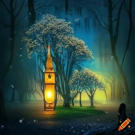 Surreal Park With Strange Creatures Fantasy Trees Lamp Posts And