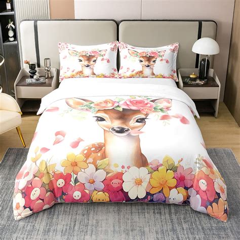 Yst 100 Cotton Cartoon Deer Queen Bedding Set Romantic Floral Duvet